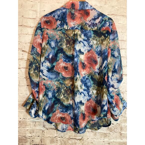 CJ Banks Top Womens 1X Watercolor Art To Wear Button Up Semi Sheer Artsy Flowy - Picture 12 of 14